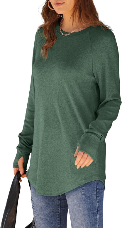 Womens Tunic Tops to Wear with Leggings Long Sleeve Thumb Hole Shirts Crew Neck Curved Hem