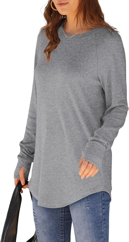 Womens Tunic Tops to Wear with Leggings Long Sleeve Thumb Hole Shirts Crew Neck Curved Hem