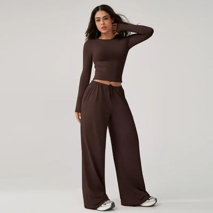 Women's long-sleeved top and wide-leg pants suit