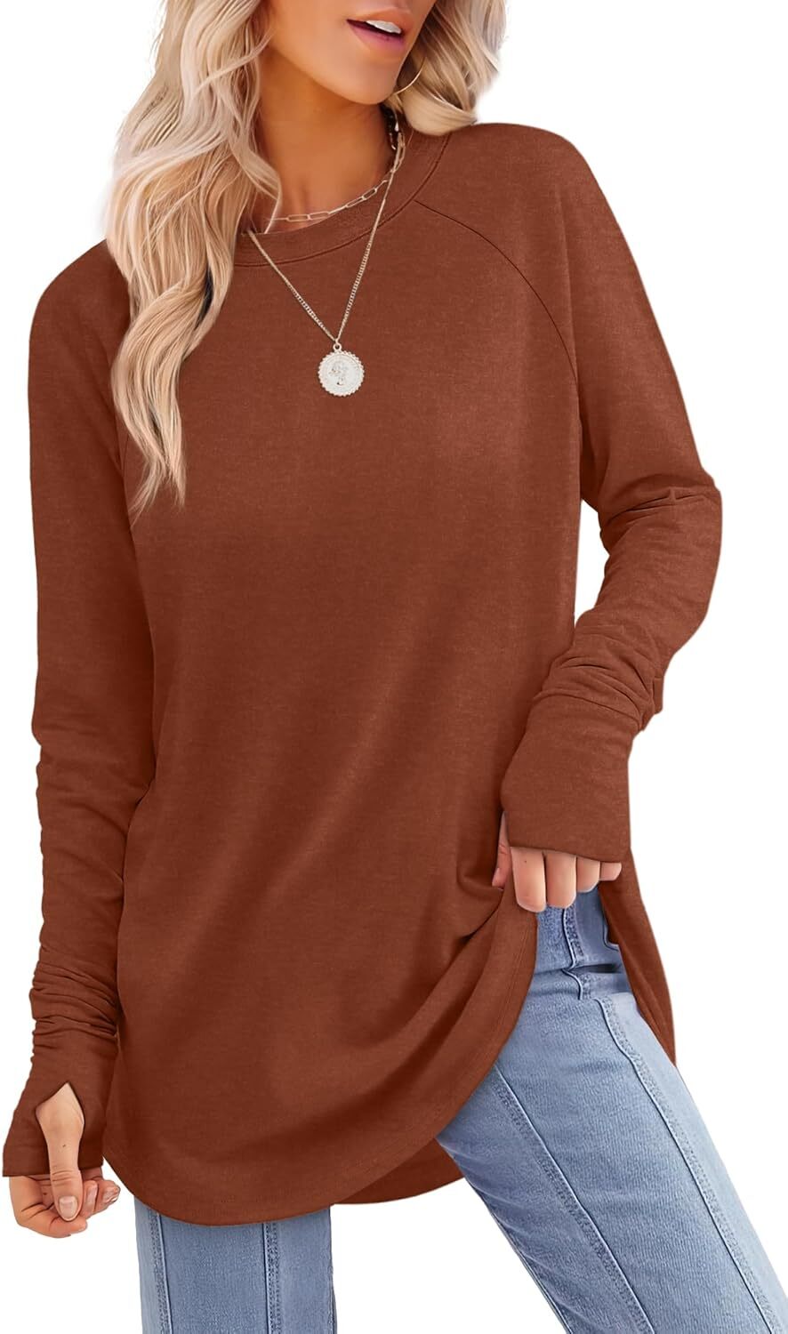 Womens Tunic Tops to Wear with Leggings Long Sleeve Thumb Hole Shirts Crew Neck Curved Hem
