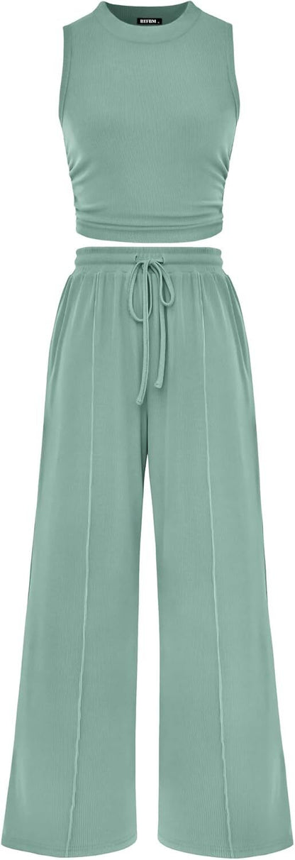 Women Summer 2 Piece Outfits 2026 Beach Crew Neck Sleeveless Cropped Top Elastic Waist Wide Leg Pants Lounge Set