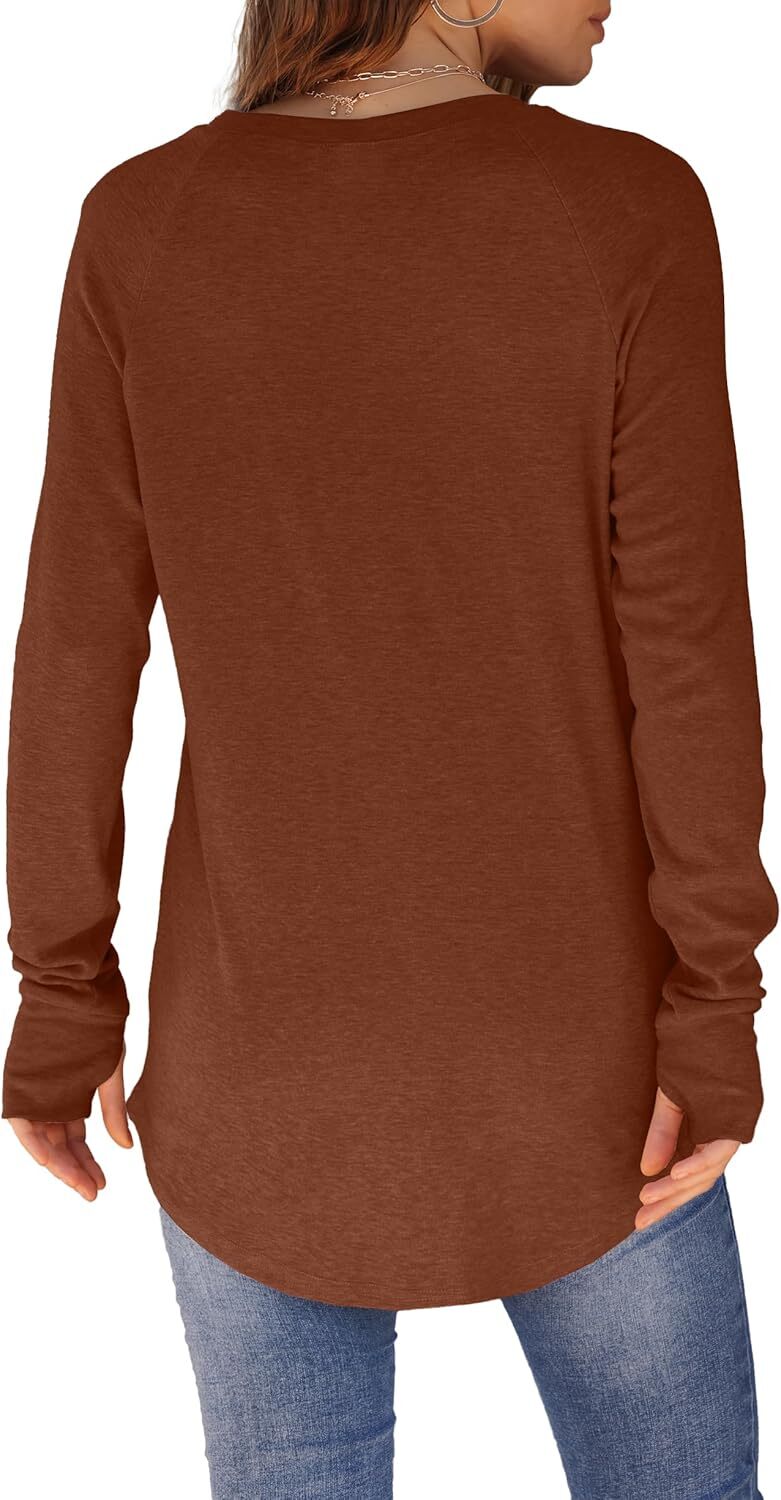 Womens Tunic Tops to Wear with Leggings Long Sleeve Thumb Hole Shirts Crew Neck Curved Hem