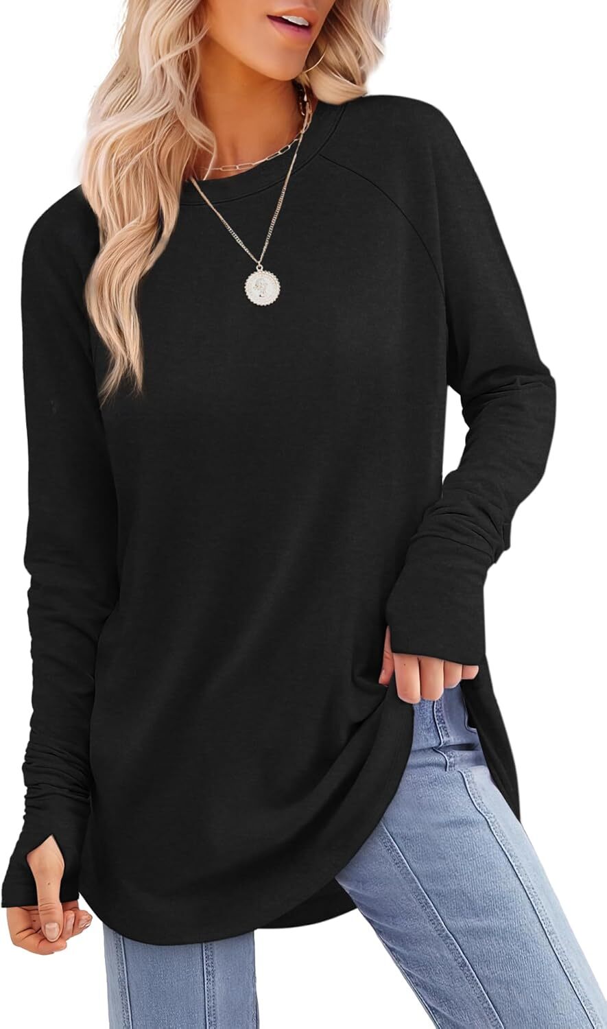 Womens Tunic Tops to Wear with Leggings Long Sleeve Thumb Hole Shirts Crew Neck Curved Hem
