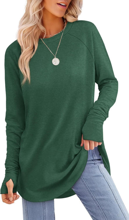 Womens Tunic Tops to Wear with Leggings Long Sleeve Thumb Hole Shirts Crew Neck Curved Hem