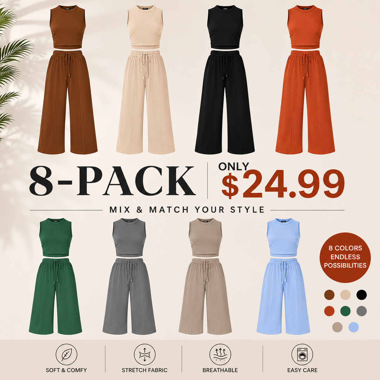 Women Summer 2 Piece Outfits 2026 Beach Crew Neck Sleeveless Cropped Top Elastic Waist Wide Leg Pants Lounge Set