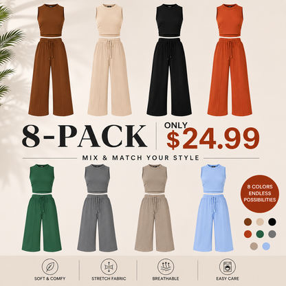 Women Summer 2 Piece Outfits 2026 Beach Crew Neck Sleeveless Cropped Top Elastic Waist Wide Leg Pants Lounge Set