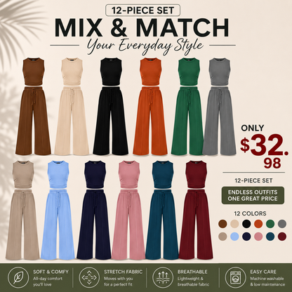 Women Summer 2 Piece Outfits 2026 Beach Crew Neck Sleeveless Cropped Top Elastic Waist Wide Leg Pants Lounge Set
