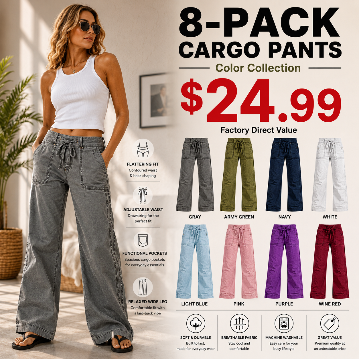 ⚡FINAL SALE⚡- 8 PACK  women-s-high-stretch-mid-rise-straight-pants