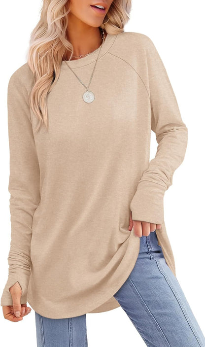Womens Tunic Tops to Wear with Leggings Long Sleeve Thumb Hole Shirts Crew Neck Curved Hem