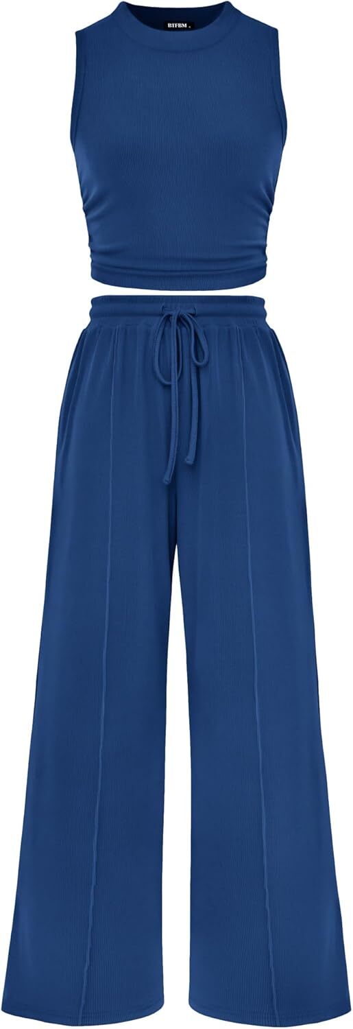 Women Summer 2 Piece Outfits 2026 Beach Crew Neck Sleeveless Cropped Top Elastic Waist Wide Leg Pants Lounge Set