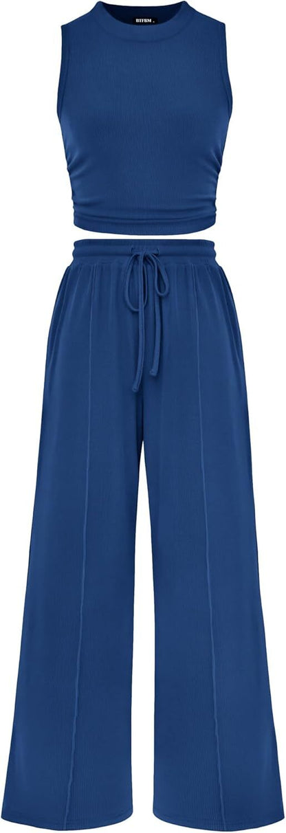 Women Summer 2 Piece Outfits 2026 Beach Crew Neck Sleeveless Cropped Top Elastic Waist Wide Leg Pants Lounge Set