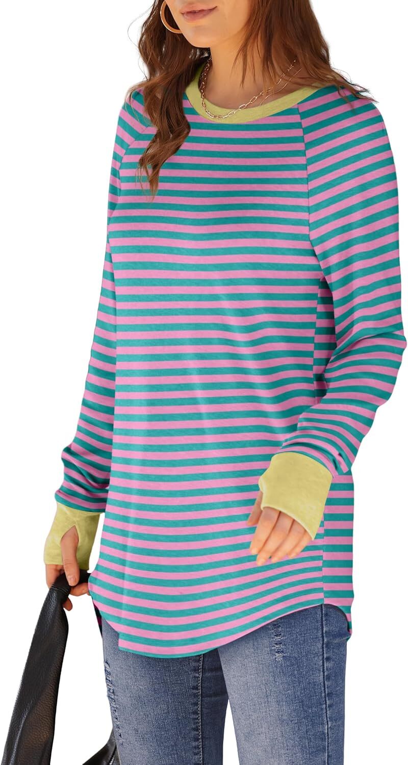 Womens Tunic Tops to Wear with Leggings Long Sleeve Thumb Hole Shirts Crew Neck Curved Hem