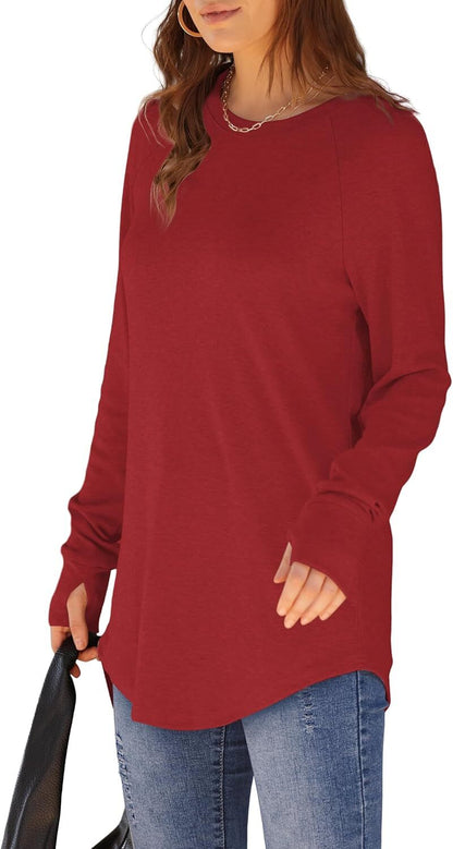 Womens Tunic Tops to Wear with Leggings Long Sleeve Thumb Hole Shirts Crew Neck Curved Hem