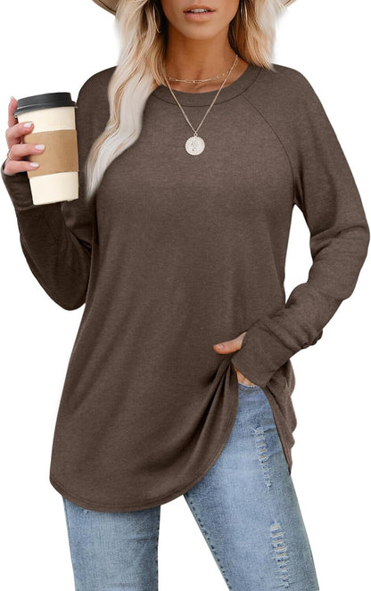 Womens Tunic Tops to Wear with Leggings Long Sleeve Thumb Hole Shirts Crew Neck Curved Hem