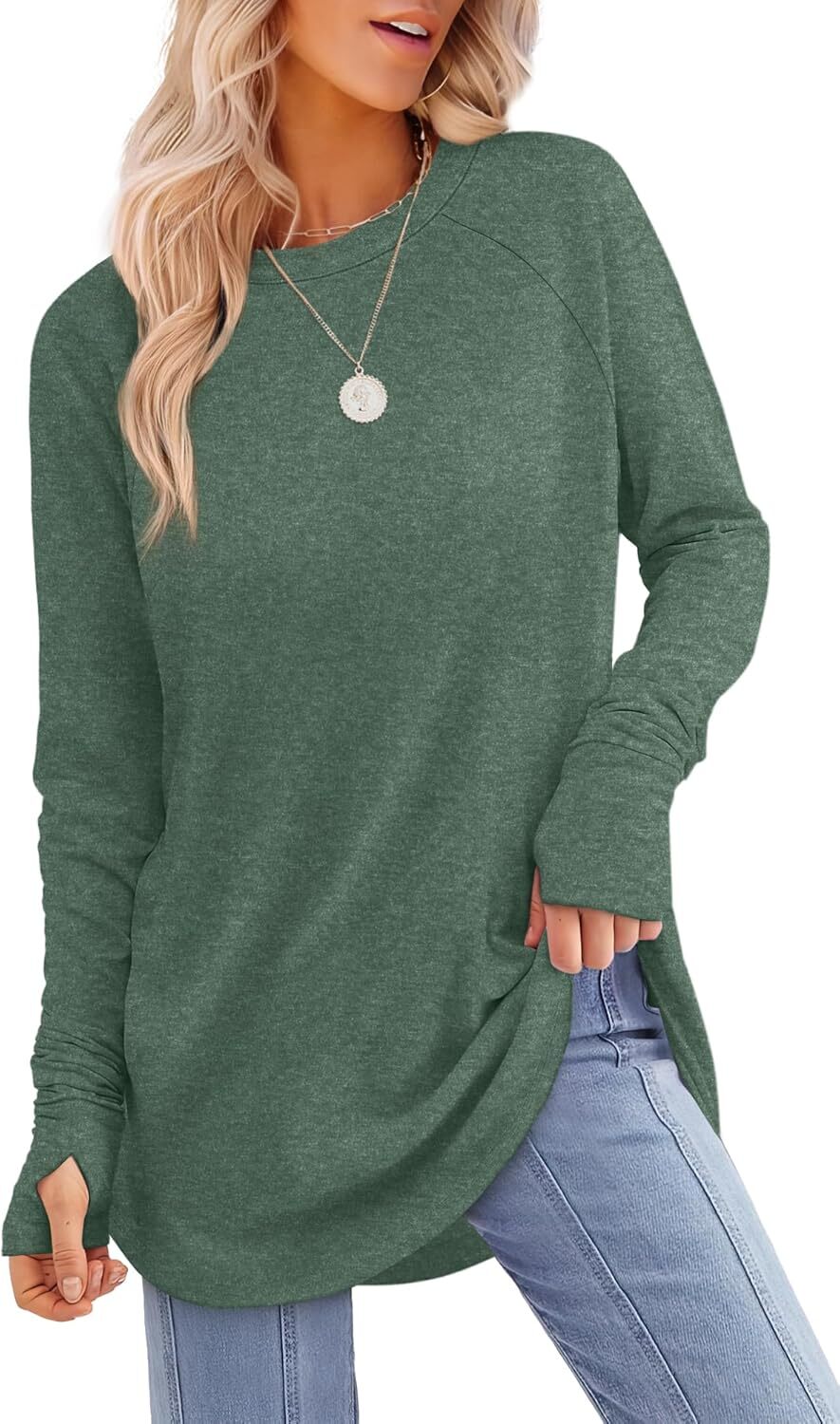 Womens Tunic Tops to Wear with Leggings Long Sleeve Thumb Hole Shirts Crew Neck Curved Hem