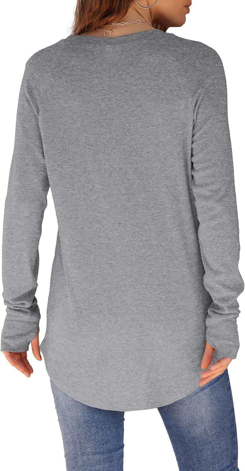 Womens Tunic Tops to Wear with Leggings Long Sleeve Thumb Hole Shirts Crew Neck Curved Hem