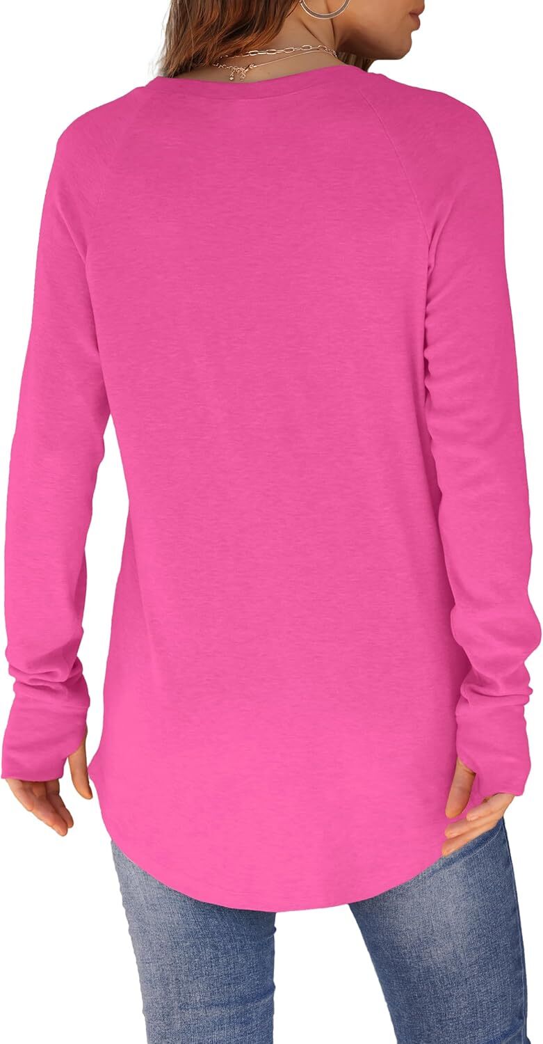 Womens Tunic Tops to Wear with Leggings Long Sleeve Thumb Hole Shirts Crew Neck Curved Hem