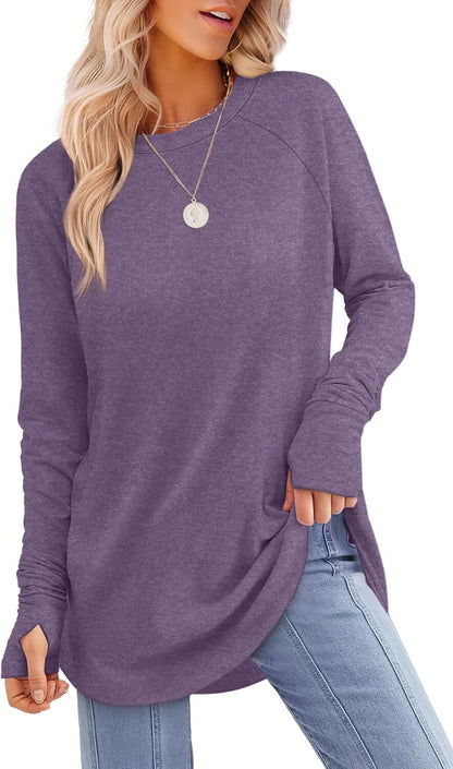 Womens Tunic Tops to Wear with Leggings Long Sleeve Thumb Hole Shirts Crew Neck Curved Hem