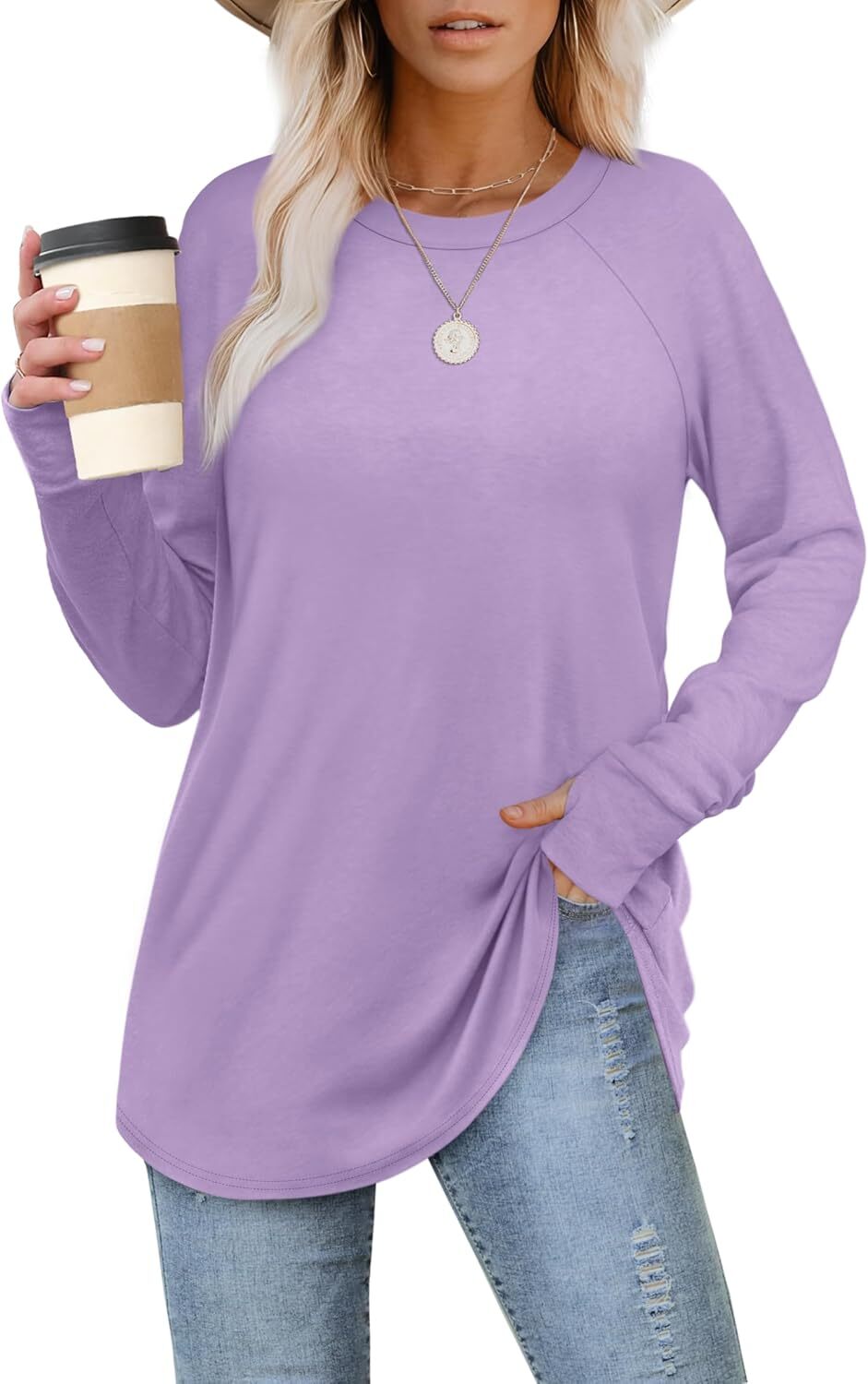 Womens Tunic Tops to Wear with Leggings Long Sleeve Thumb Hole Shirts Crew Neck Curved Hem