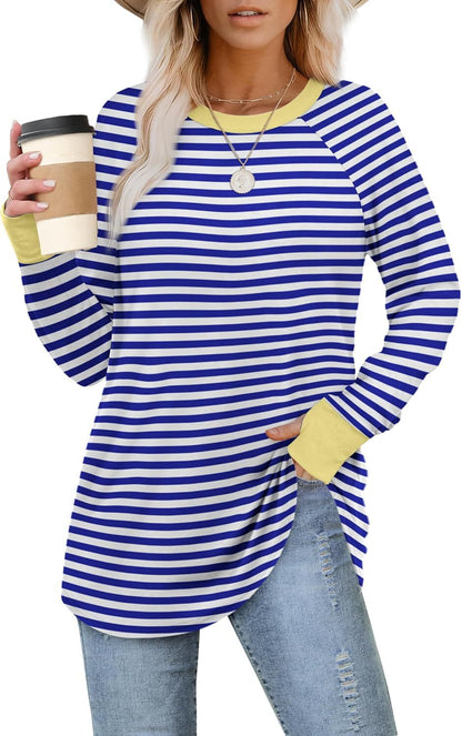 Womens Tunic Tops to Wear with Leggings Long Sleeve Thumb Hole Shirts Crew Neck Curved Hem