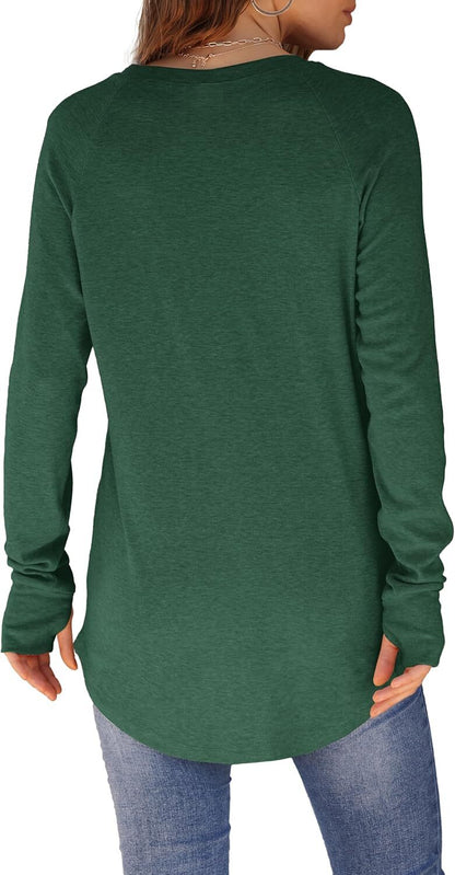Womens Tunic Tops to Wear with Leggings Long Sleeve Thumb Hole Shirts Crew Neck Curved Hem
