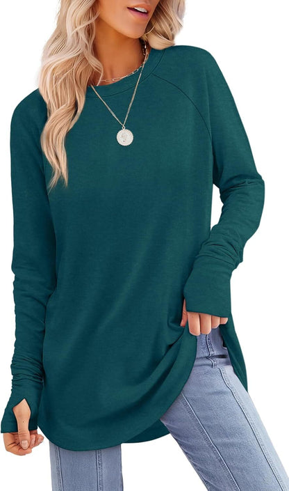 Womens Tunic Tops to Wear with Leggings Long Sleeve Thumb Hole Shirts Crew Neck Curved Hem