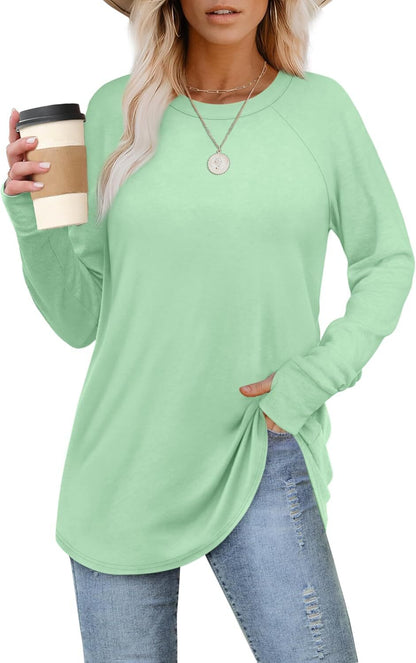 Womens Tunic Tops to Wear with Leggings Long Sleeve Thumb Hole Shirts Crew Neck Curved Hem