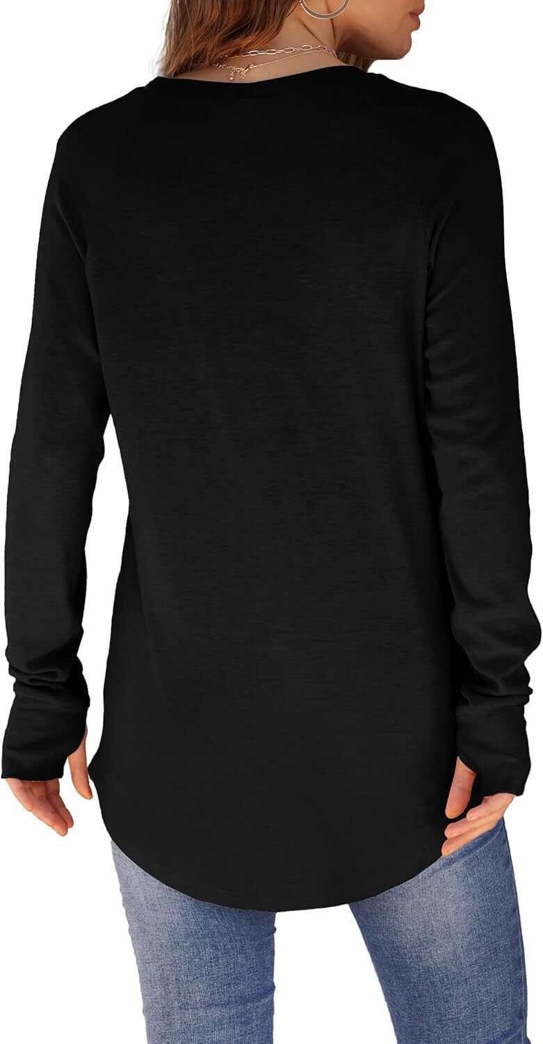 Womens Tunic Tops to Wear with Leggings Long Sleeve Thumb Hole Shirts Crew Neck Curved Hem