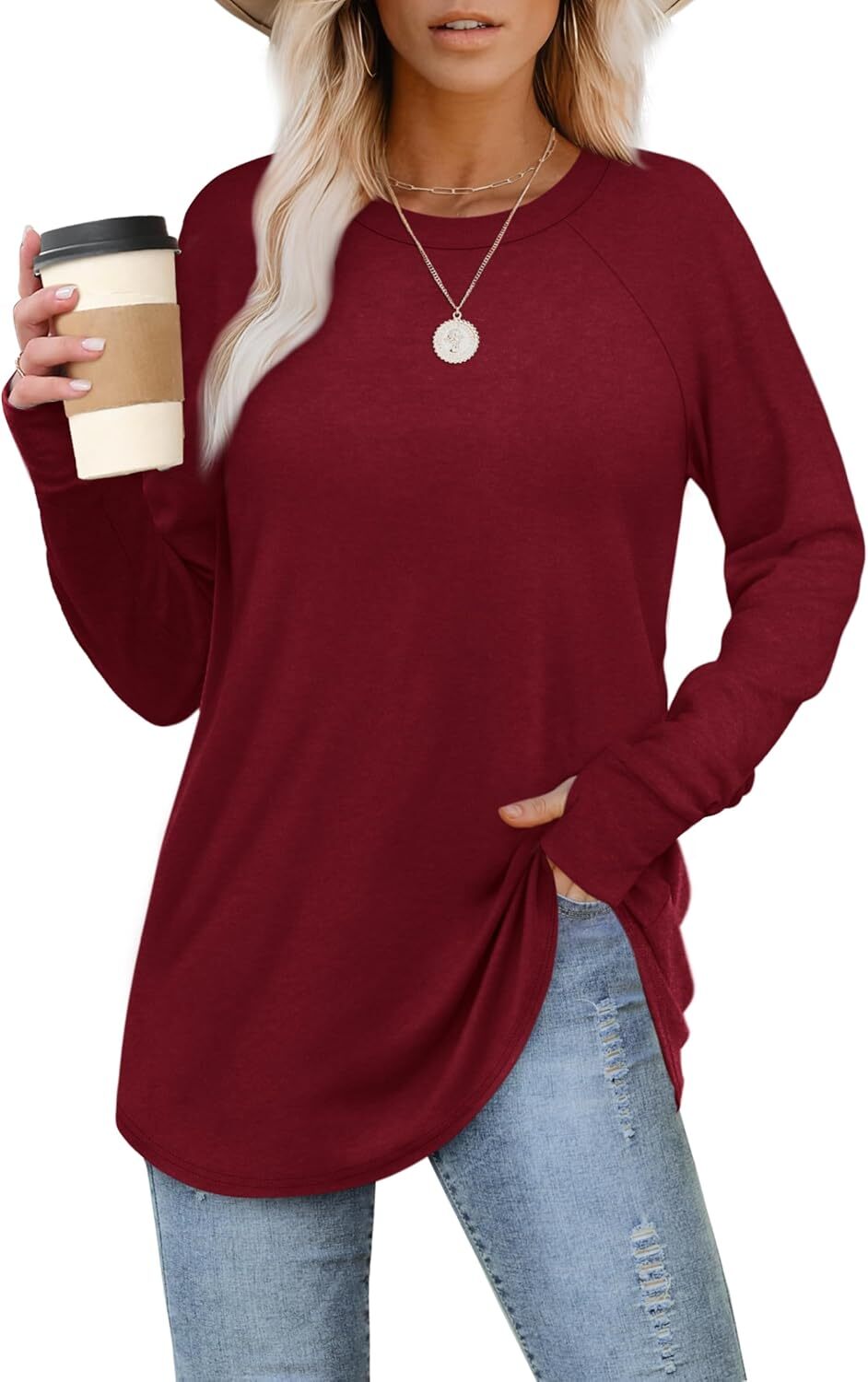 Womens Tunic Tops to Wear with Leggings Long Sleeve Thumb Hole Shirts Crew Neck Curved Hem