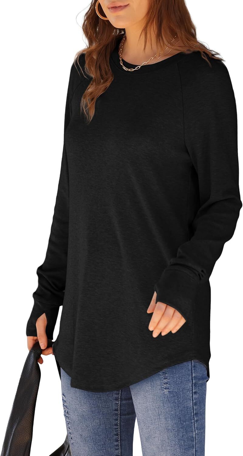 Womens Tunic Tops to Wear with Leggings Long Sleeve Thumb Hole Shirts Crew Neck Curved Hem