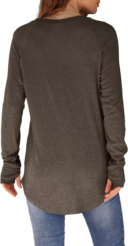 Womens Tunic Tops to Wear with Leggings Long Sleeve Thumb Hole Shirts Crew Neck Curved Hem