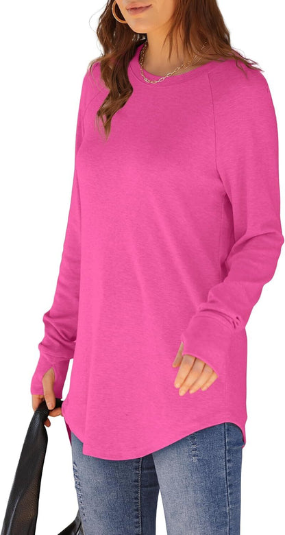 Womens Tunic Tops to Wear with Leggings Long Sleeve Thumb Hole Shirts Crew Neck Curved Hem