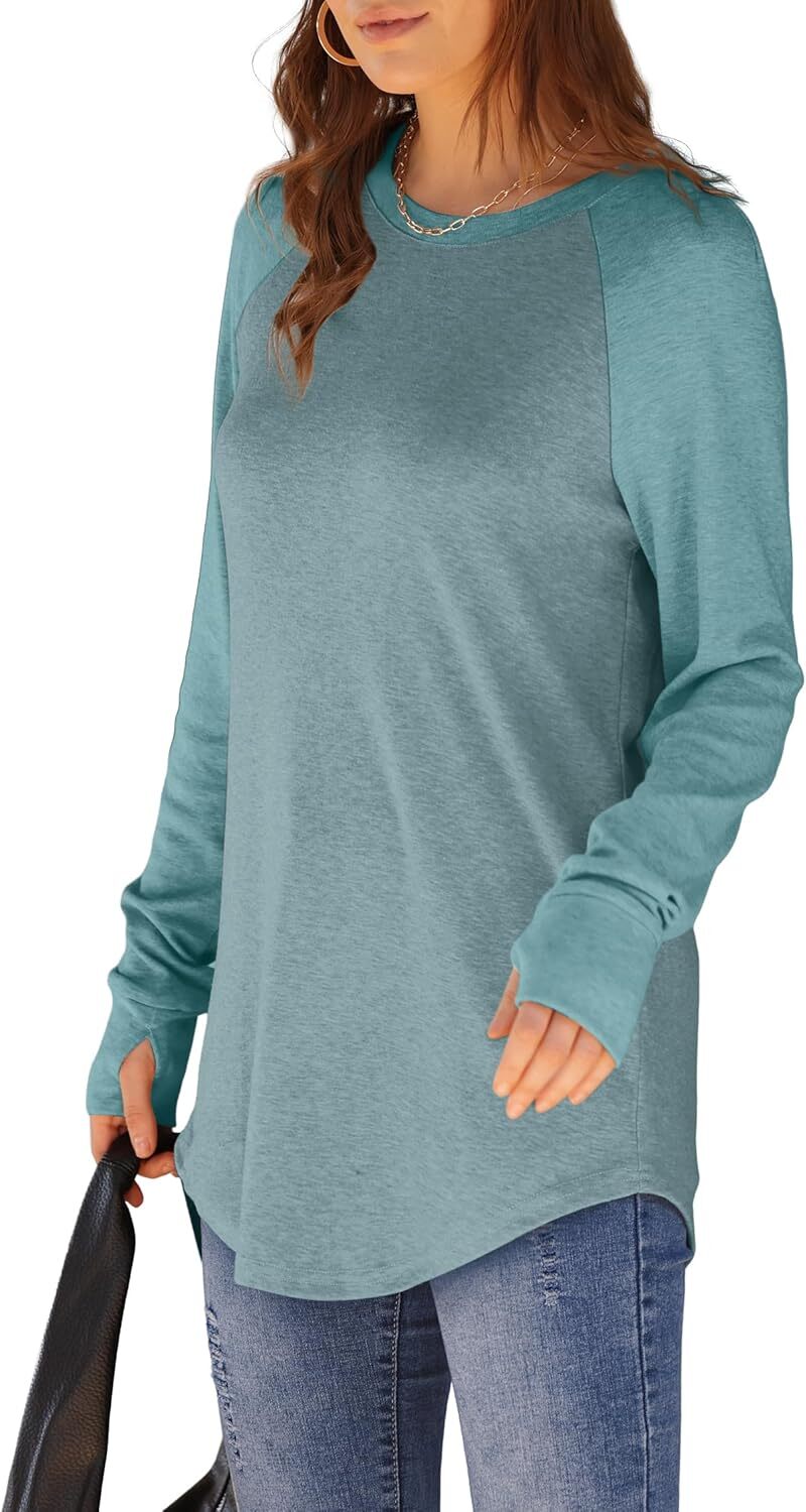 Womens Tunic Tops to Wear with Leggings Long Sleeve Thumb Hole Shirts Crew Neck Curved Hem