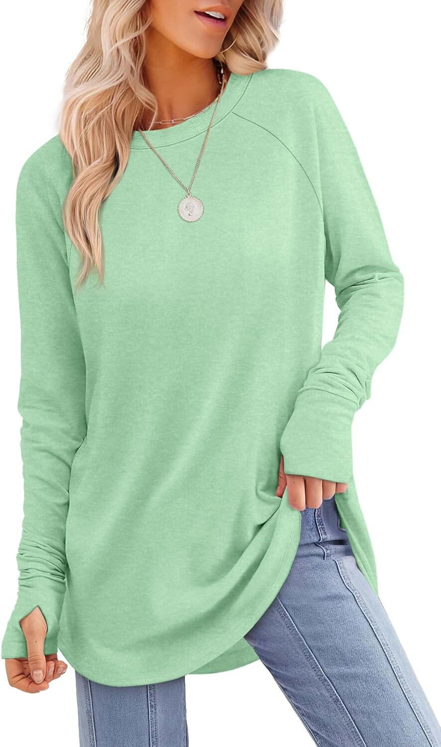 Womens Tunic Tops to Wear with Leggings Long Sleeve Thumb Hole Shirts Crew Neck Curved Hem