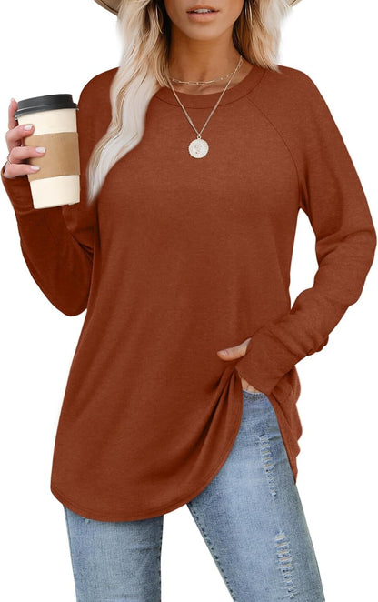 Womens Tunic Tops to Wear with Leggings Long Sleeve Thumb Hole Shirts Crew Neck Curved Hem