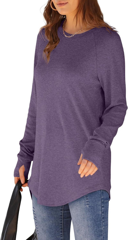 Womens Tunic Tops to Wear with Leggings Long Sleeve Thumb Hole Shirts Crew Neck Curved Hem