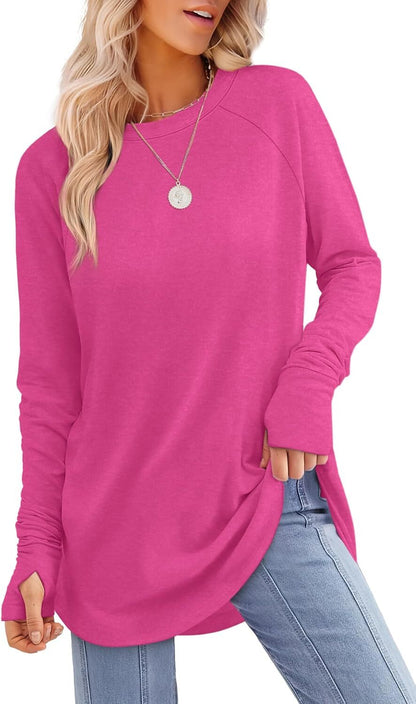 Womens Tunic Tops to Wear with Leggings Long Sleeve Thumb Hole Shirts Crew Neck Curved Hem