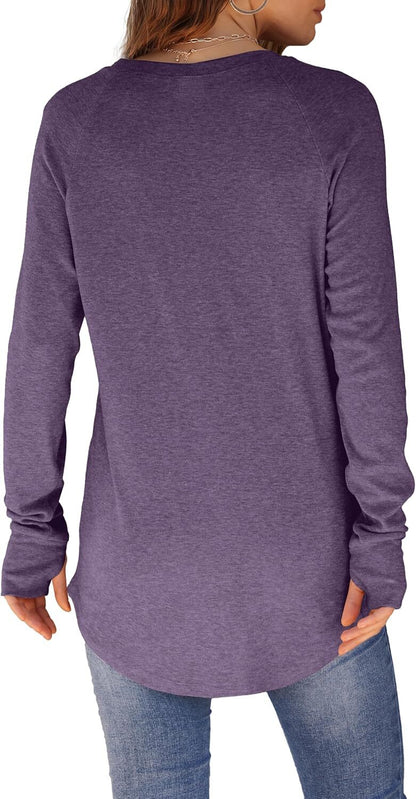 Womens Tunic Tops to Wear with Leggings Long Sleeve Thumb Hole Shirts Crew Neck Curved Hem