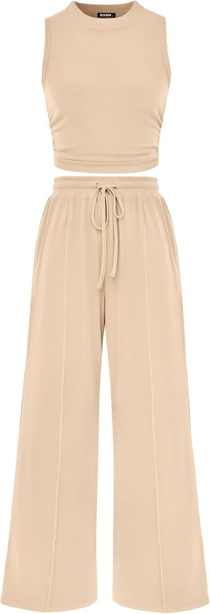 Women Summer 2 Piece Outfits 2026 Beach Crew Neck Sleeveless Cropped Top Elastic Waist Wide Leg Pants Lounge Set