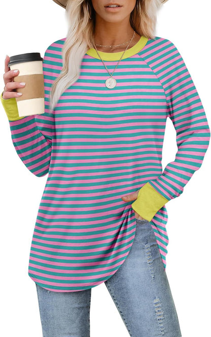 Womens Tunic Tops to Wear with Leggings Long Sleeve Thumb Hole Shirts Crew Neck Curved Hem