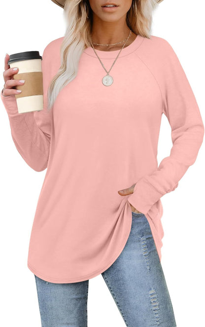 Womens Tunic Tops to Wear with Leggings Long Sleeve Thumb Hole Shirts Crew Neck Curved Hem