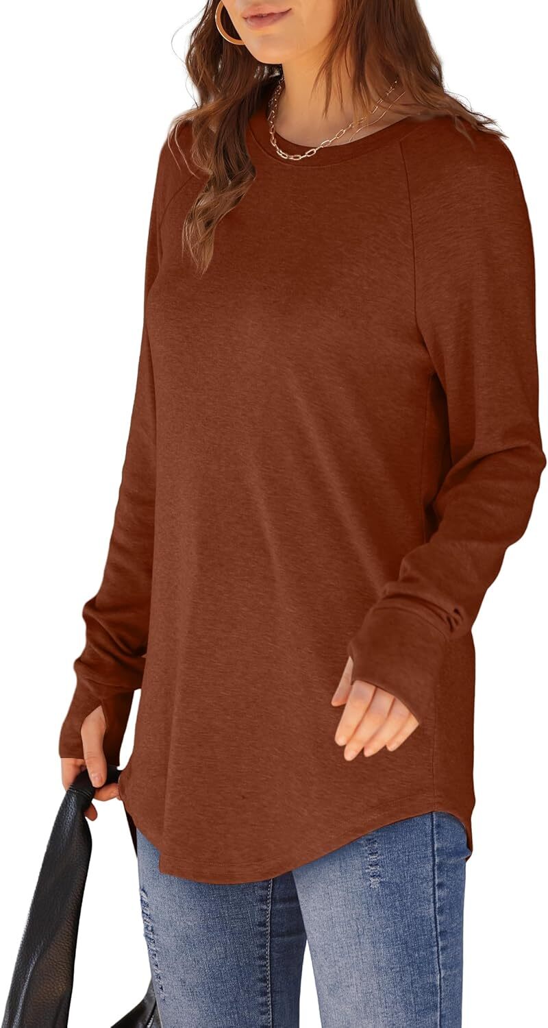Womens Tunic Tops to Wear with Leggings Long Sleeve Thumb Hole Shirts Crew Neck Curved Hem