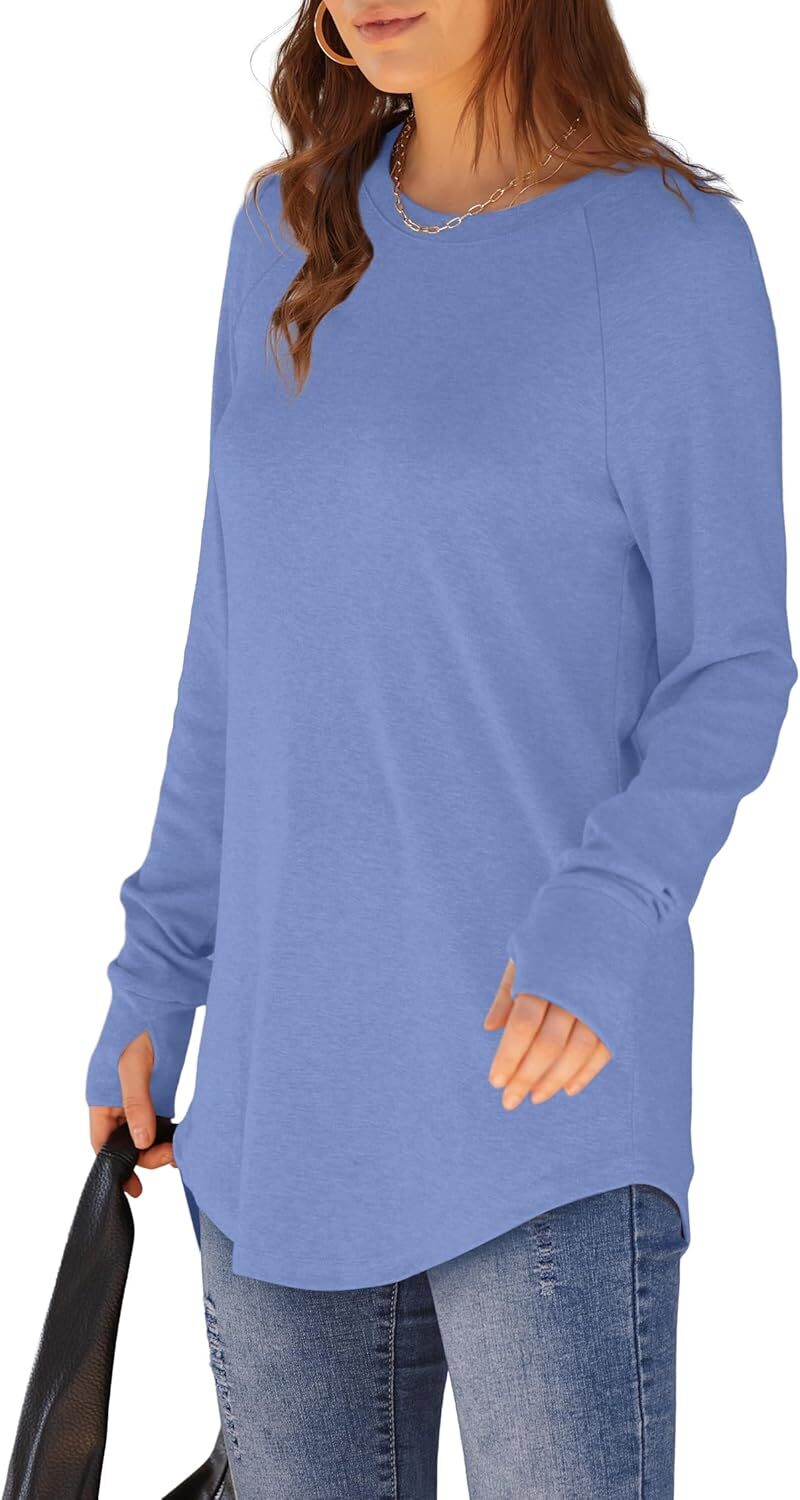 Womens Tunic Tops to Wear with Leggings Long Sleeve Thumb Hole Shirts Crew Neck Curved Hem