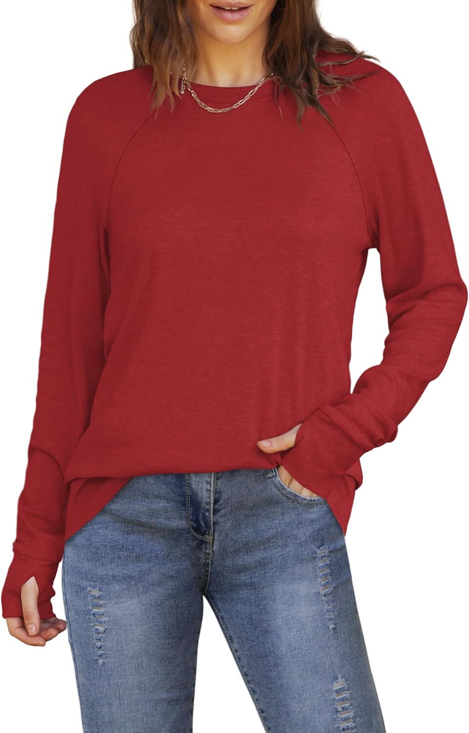 Womens Tunic Tops to Wear with Leggings Long Sleeve Thumb Hole Shirts Crew Neck Curved Hem