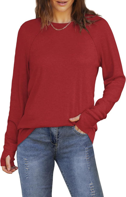 Womens Tunic Tops to Wear with Leggings Long Sleeve Thumb Hole Shirts Crew Neck Curved Hem