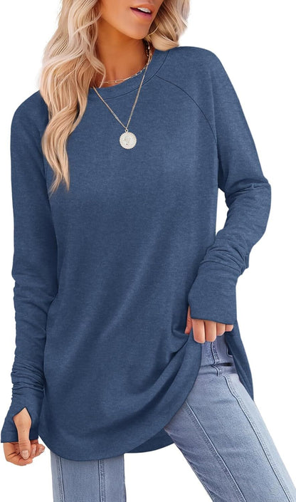 Womens Tunic Tops to Wear with Leggings Long Sleeve Thumb Hole Shirts Crew Neck Curved Hem