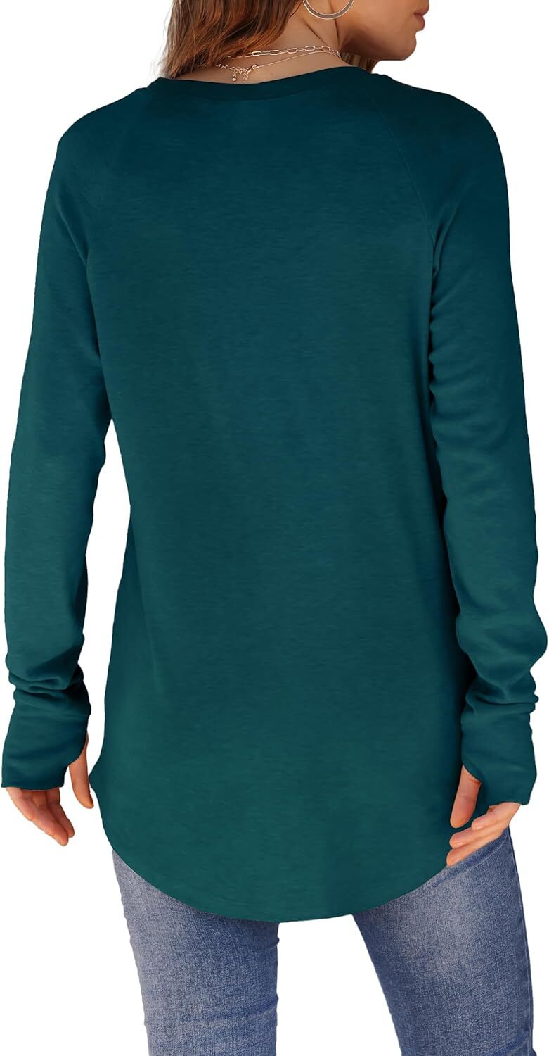 Womens Tunic Tops to Wear with Leggings Long Sleeve Thumb Hole Shirts Crew Neck Curved Hem
