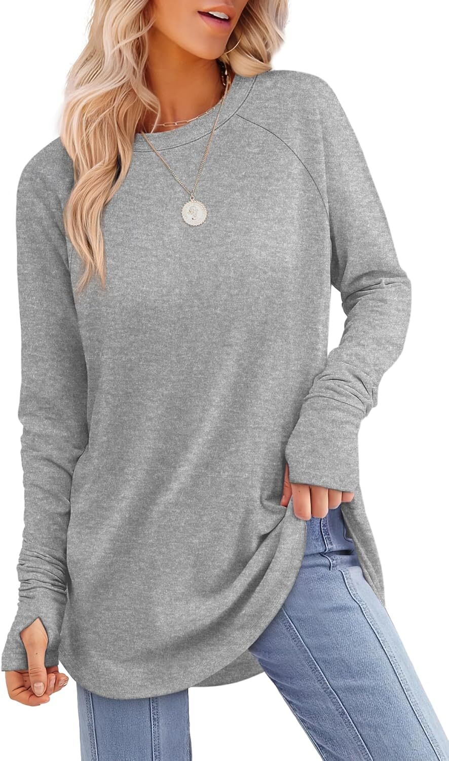 Womens Tunic Tops to Wear with Leggings Long Sleeve Thumb Hole Shirts Crew Neck Curved Hem