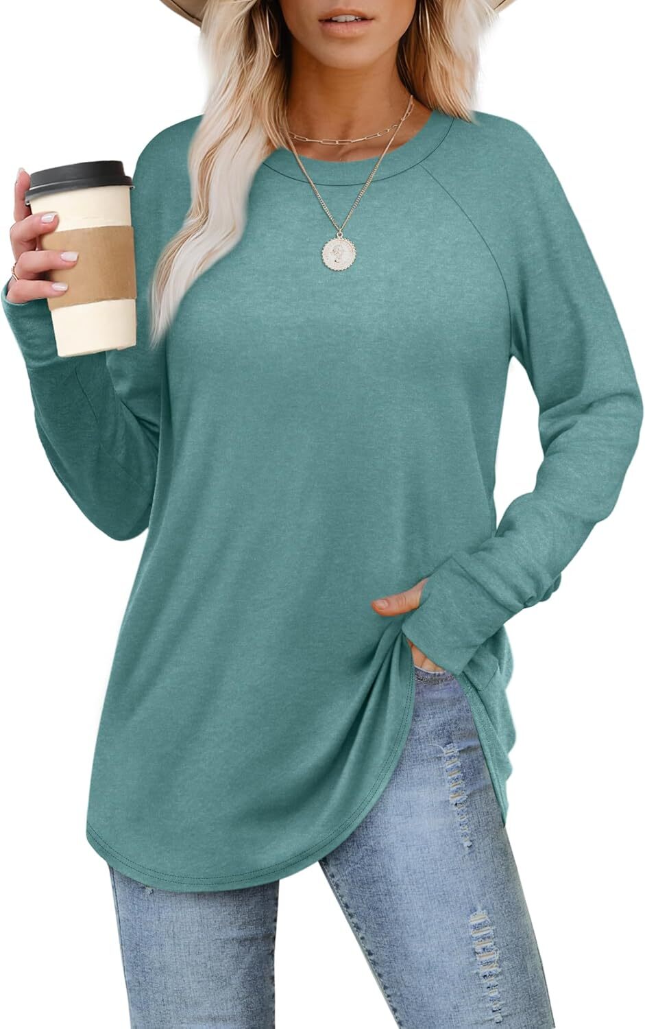 Womens Tunic Tops to Wear with Leggings Long Sleeve Thumb Hole Shirts Crew Neck Curved Hem