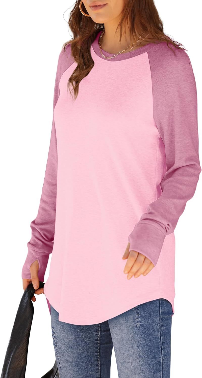 Womens Tunic Tops to Wear with Leggings Long Sleeve Thumb Hole Shirts Crew Neck Curved Hem